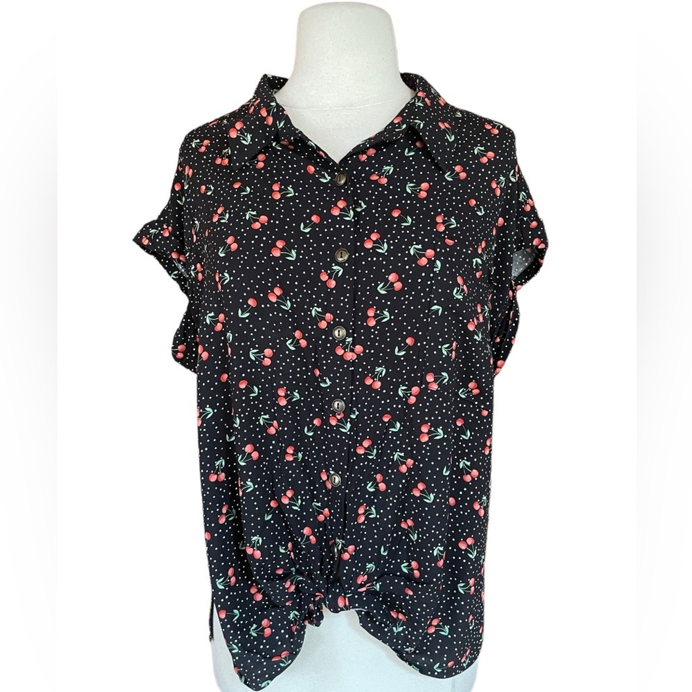 NWT No Boundaries Cherry & White‎ Polka Dot Pattern Button Down Tie Waist Shirt